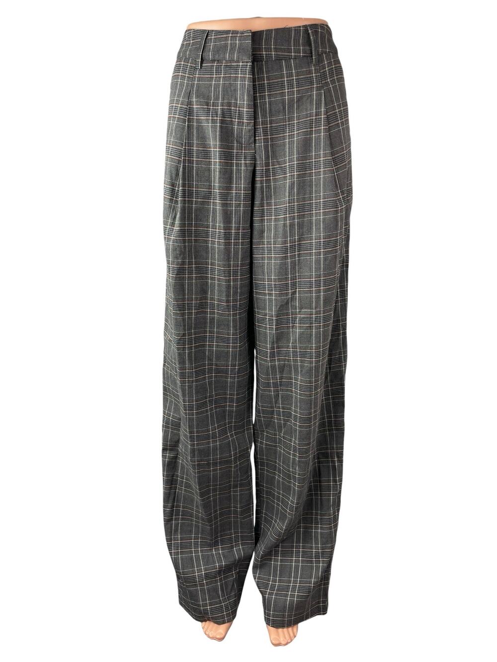 Motel Sakaria Check Pleated High Rise Palazzo Wide Leg Trousers Dress Pants 28